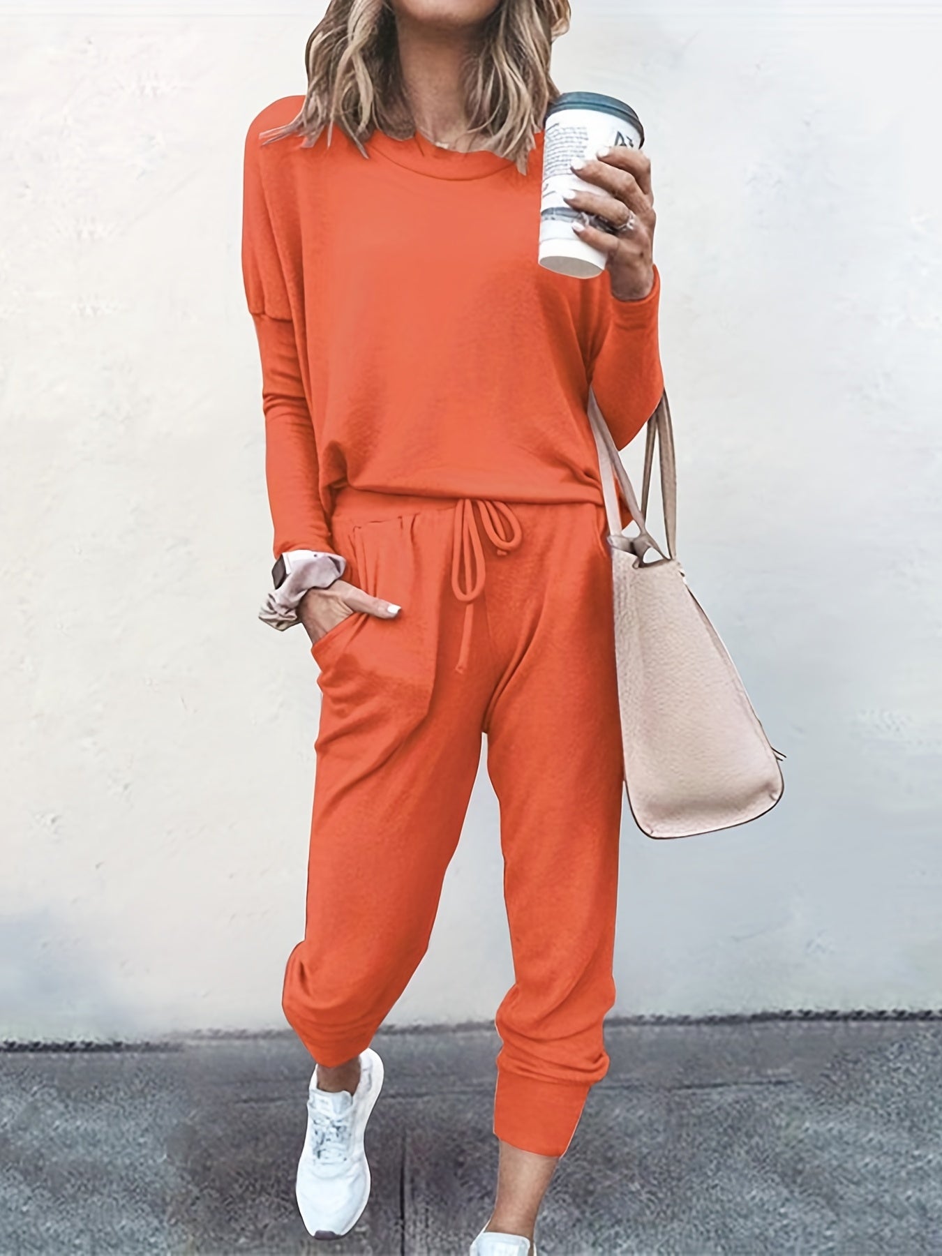 Solid Long Sleeve Top & Tapered Leg Pants Set