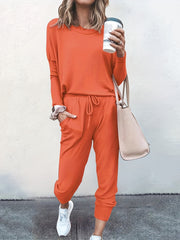 Solid Long Sleeve Top & Tapered Leg Pants Set