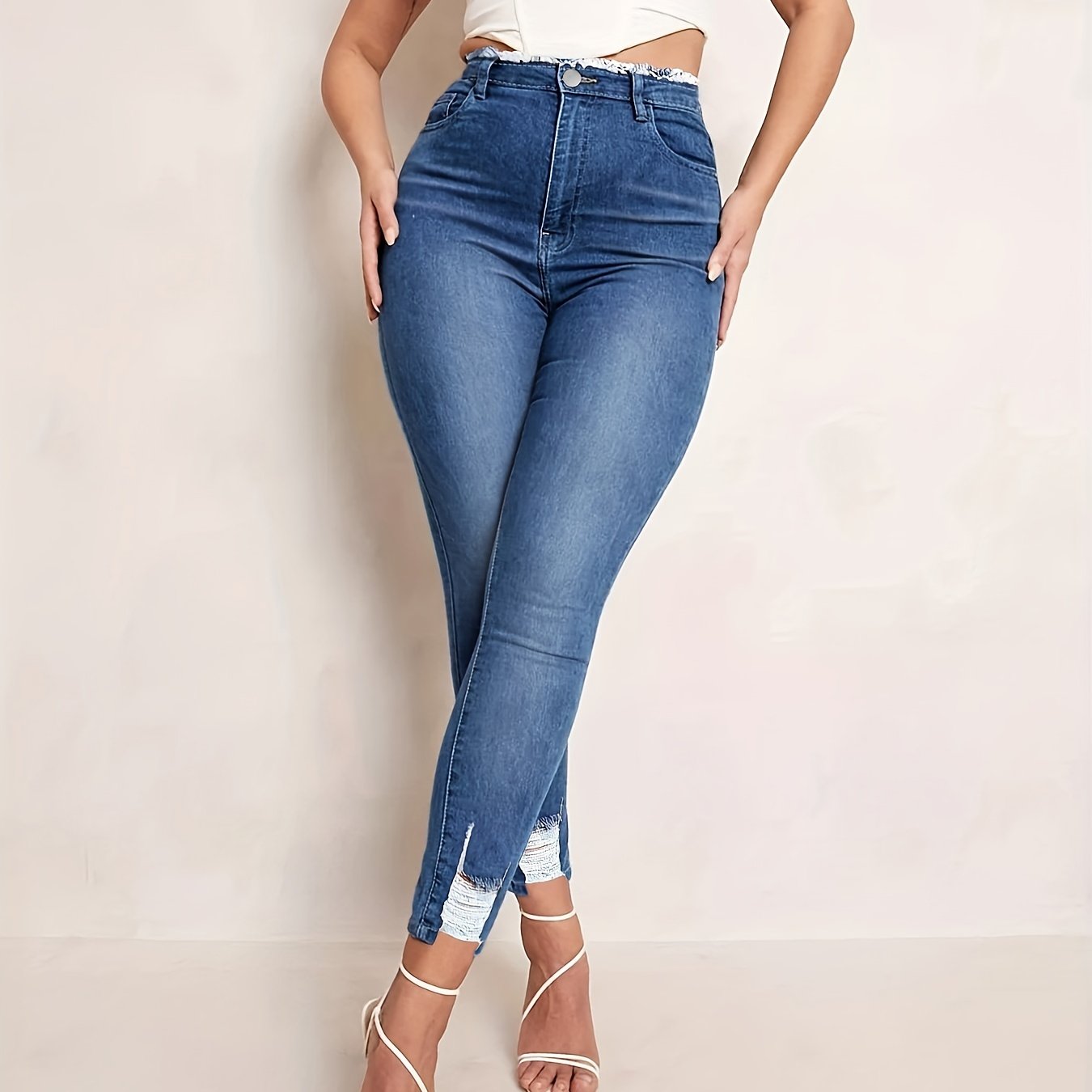 Ripped Holes Skinny Jeans Distressed Slim Fit Denim Pants