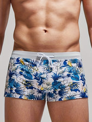 Men's Plants Print Drawstring Block Briefs for Beach Surfing