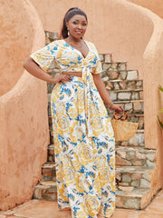 Floral Print Short Sleeve Crop Top & Maxi Skirt Set Plus Size