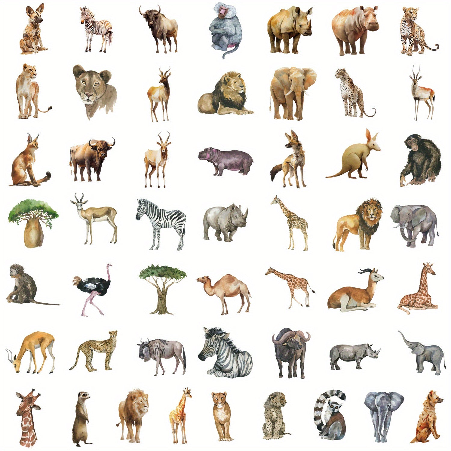 50pcs Watercolor Animal Graffiti Stickers Waterproof Cartoon Decor Stickers