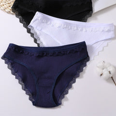 3pcs Lace Trim Ribbed Briefs Women's Comfy Intimates Panties