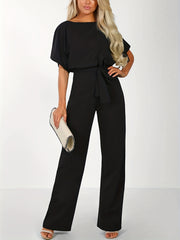 Casual Short Sleeve Wide Leg Jumpsuit with Tie Waist