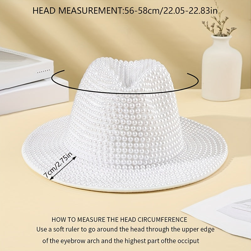 Faux Pearl Decor Fedora Cap Cowgirl Hat Rolled Brim Jazz Felt Hat