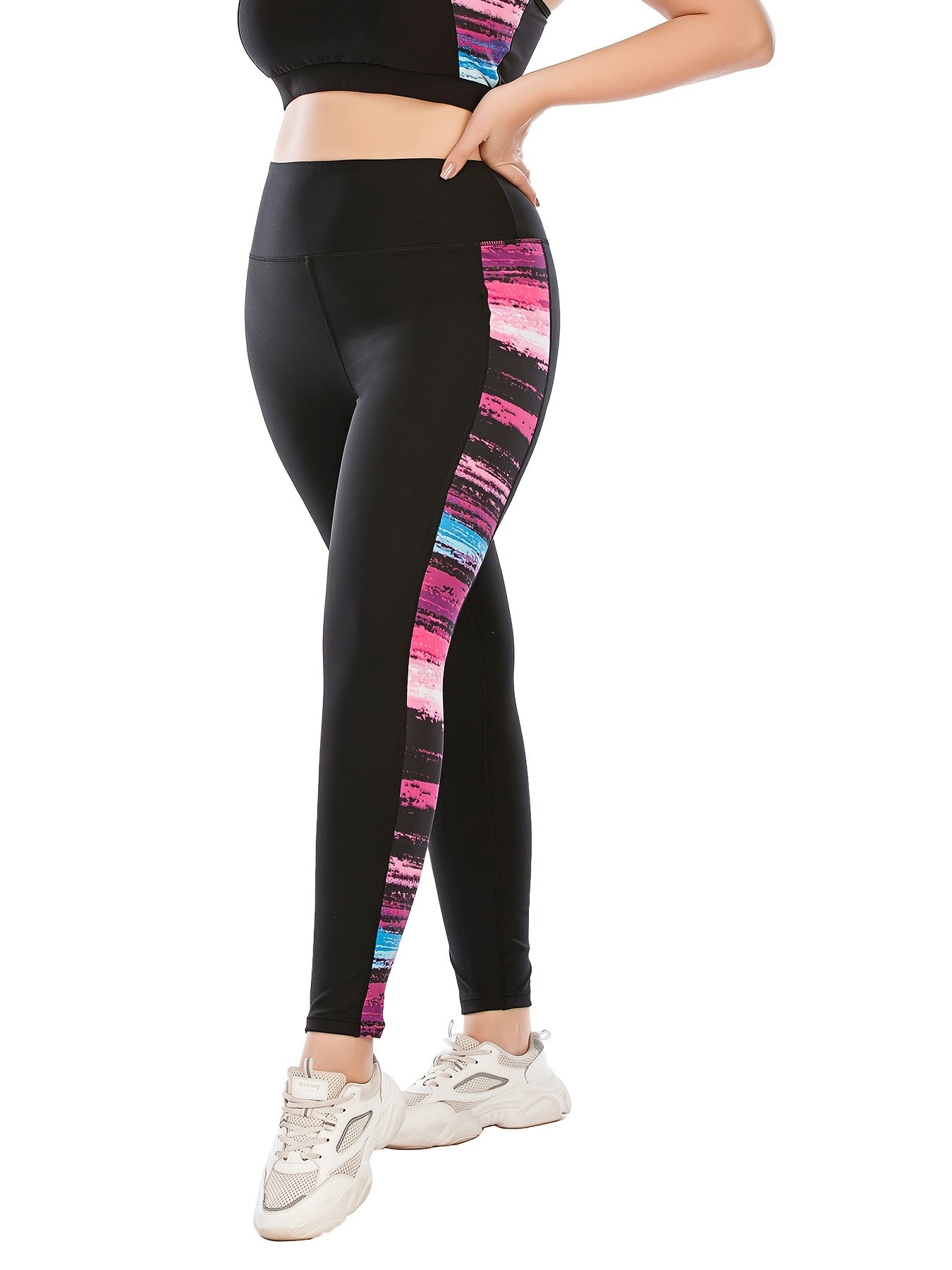 Colorblock Print Yoga Leggings With Pocket
