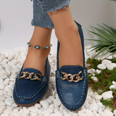 Women's Chain Decor Flat Shoes Casual Slip On Faux Leather Loafers