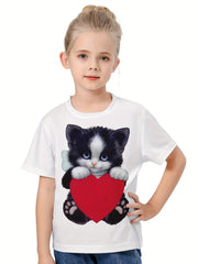3D Sweet Cat & Heart Graphic Short Sleeve T-shirt Breathable Comfy
