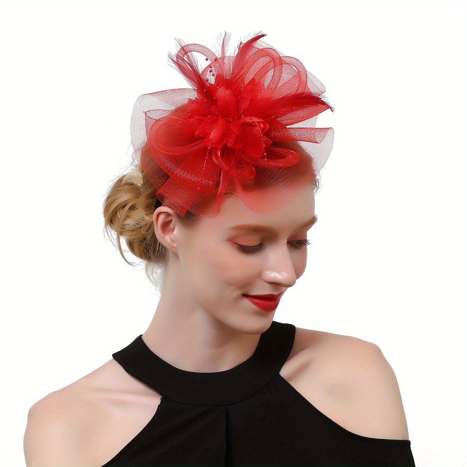 Lady Mesh Hat with Faux Feather Head Piece Accessories