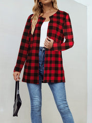 Plaid Crew Neck Jacket Casual Open Front Long Sleeve Jacket