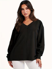 Solid Long Sleeve V Neck Knit Top