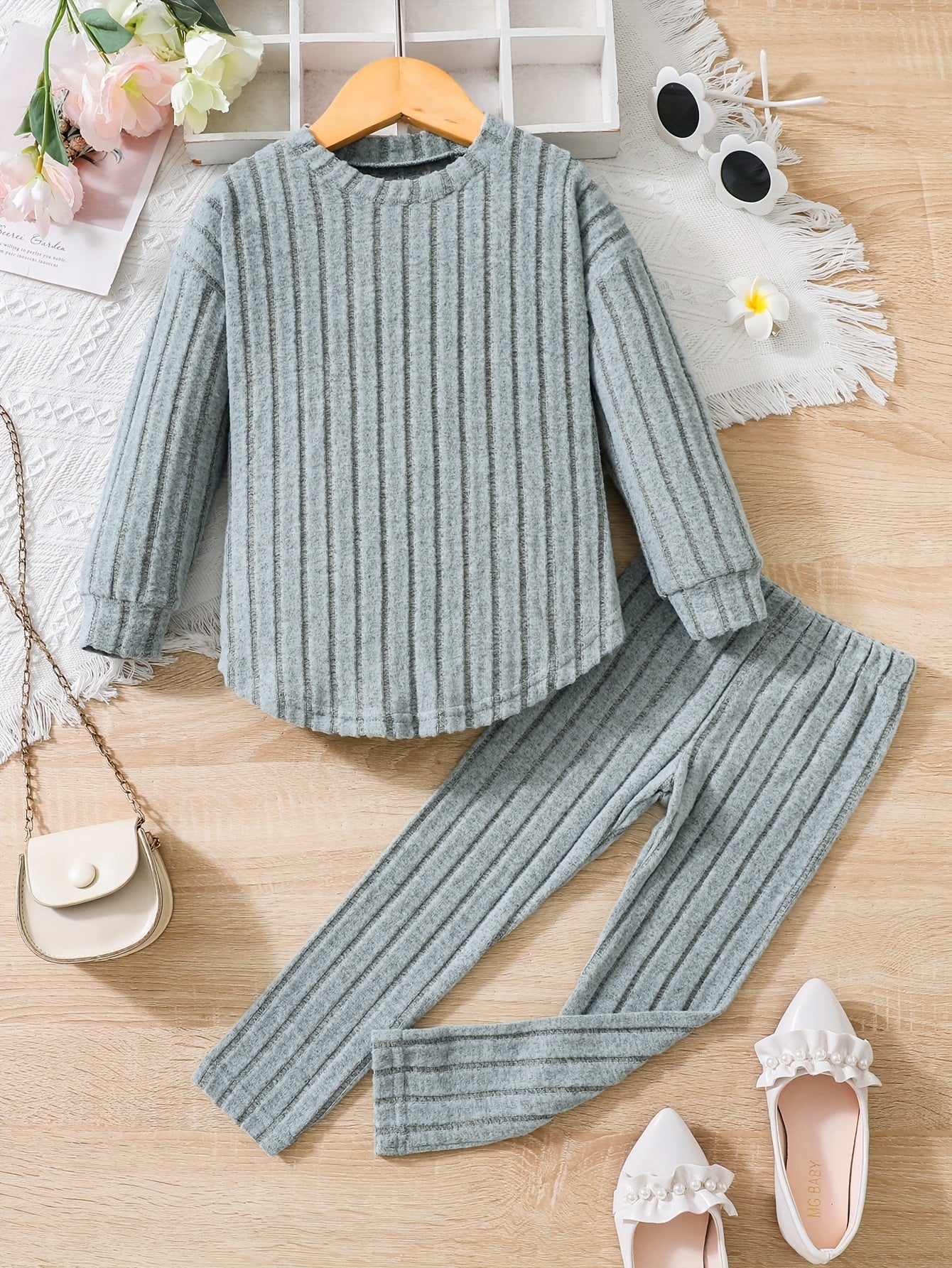Girl's Ribbed Top & Leggings Set Soft Casual Outfits