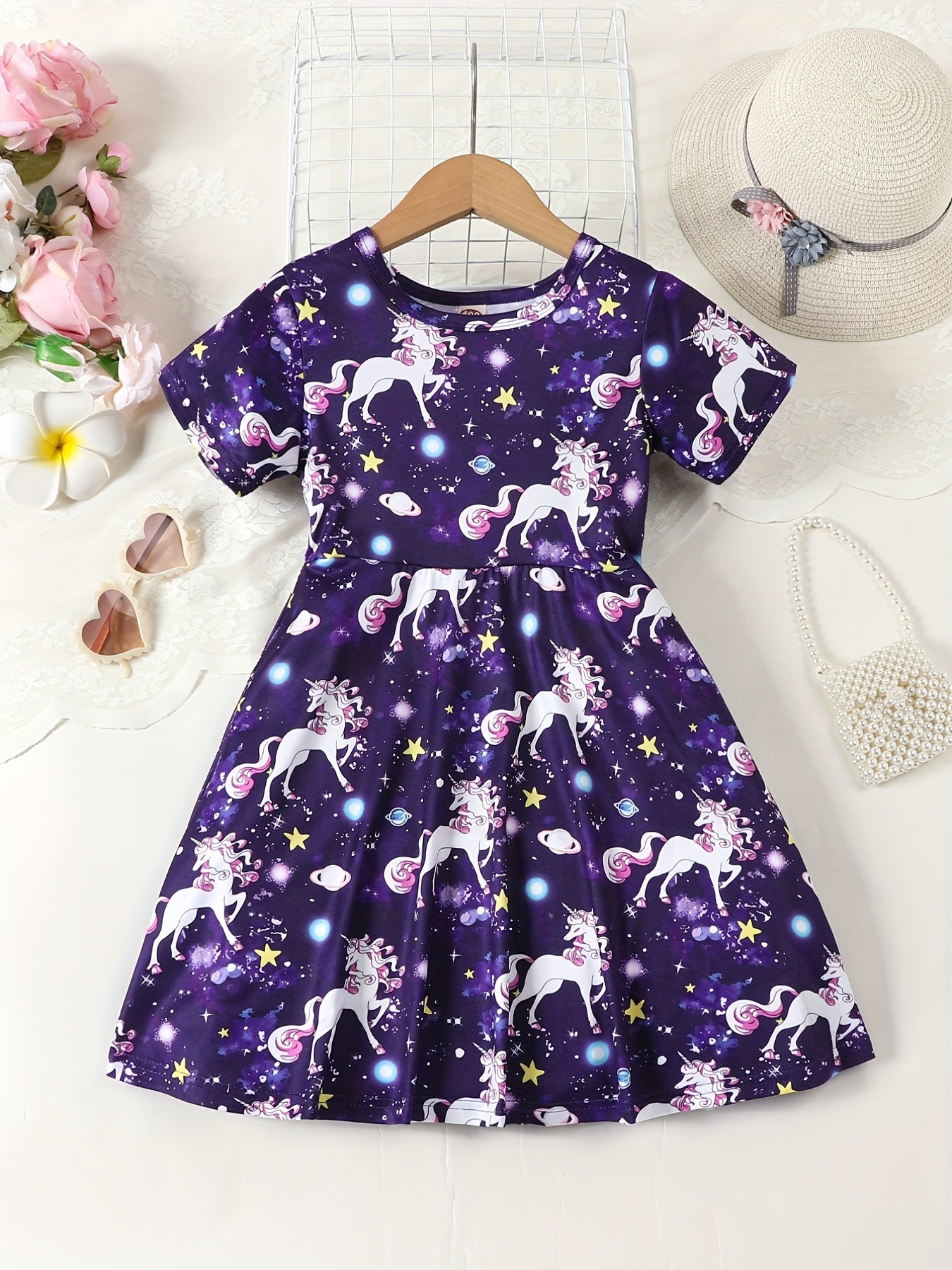 Girls Unicorn Dress Gradient A-line Short Sleeve T-Shirt Dress