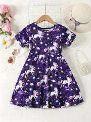 Girls Unicorn Dress Gradient A-line Short Sleeve T-Shirt Dress