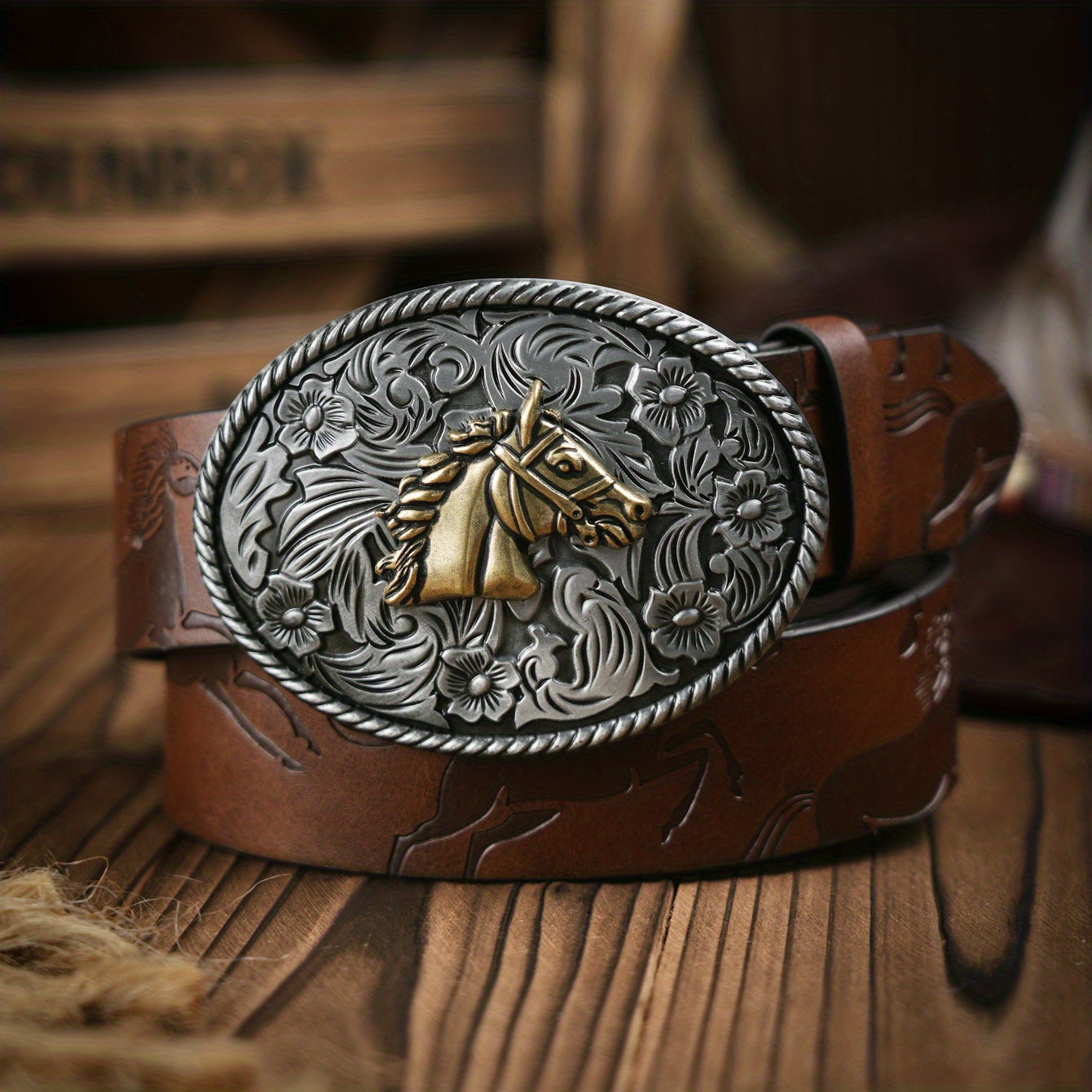 Men's Vintage Horse Embossed Dress Belt with Horse Buckle