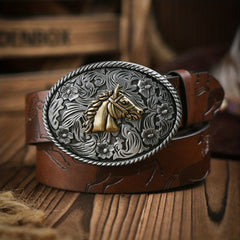 Men's Vintage Horse Embossed Dress Belt with Horse Buckle