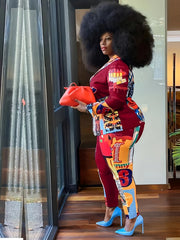 Colorblock Graphic Print Long Sleeve Top & Pants Set