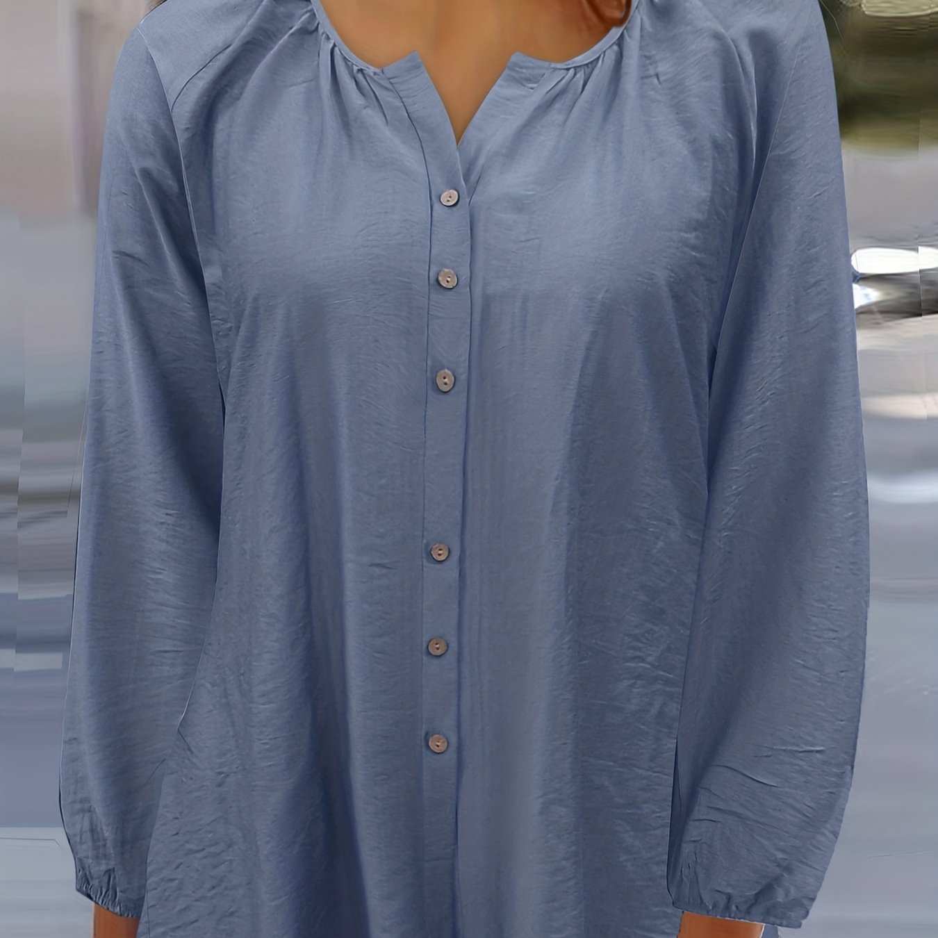 Solid Ruched Lantern Sleeve V Neck Top