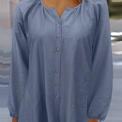 Solid Ruched Lantern Sleeve V Neck Top