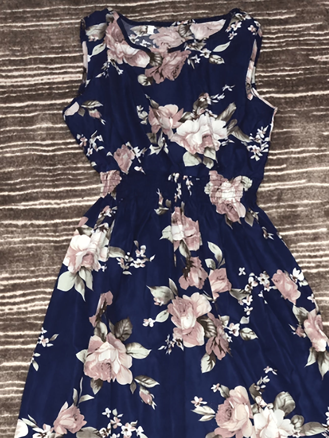 Floral Print Shirred Flared Dress Sleeveless Tank Dress Women's Clothing