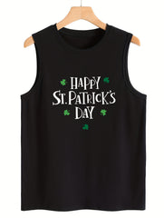 Leaf & Letter Print Sleeveless Sports Vest Round Neck Stretchy Casual Top