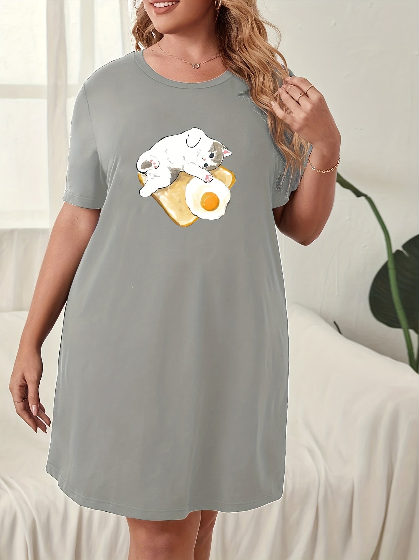 Cat Print Lounge Dress Short Sleeve Nightdress