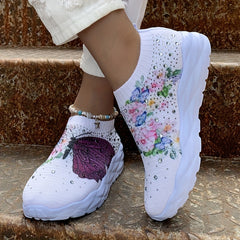 Women's Butterfly & Floral Print Sneakers Rhinestone Decor Knit Shoes