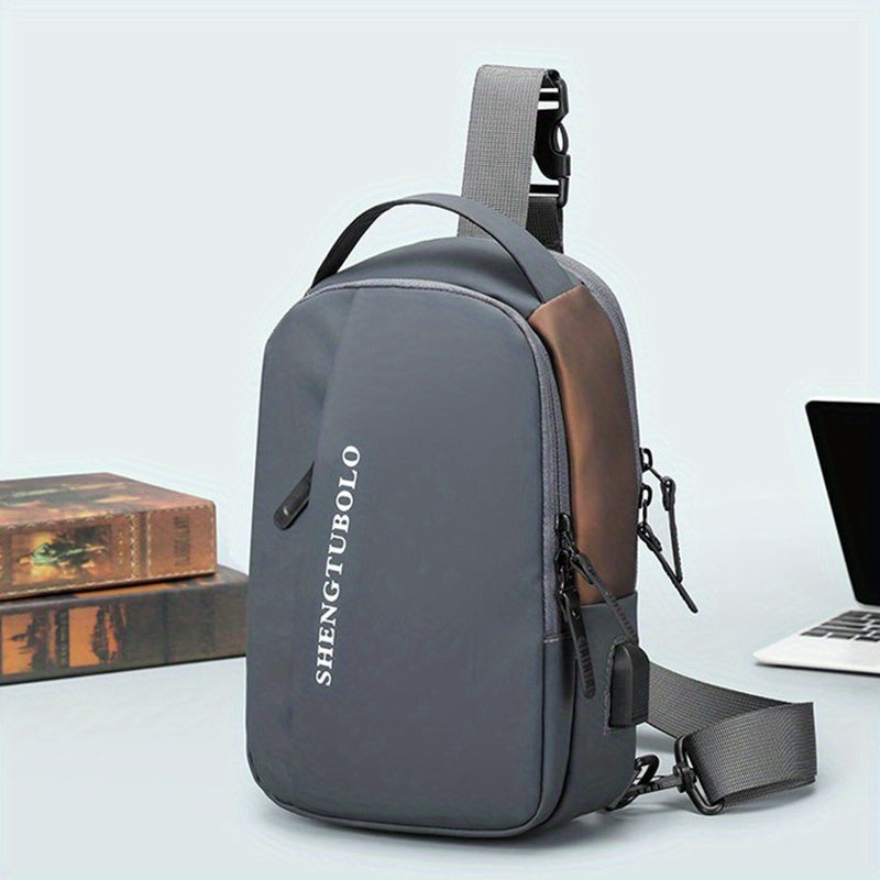 Men's Leather Crossbody Bag USB Charging Port Diagonal Shoulder Bag
