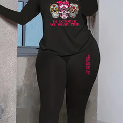 Women's Plus Size Gothic Halloween Floral Skull & Pumpkin Tee and Leggings