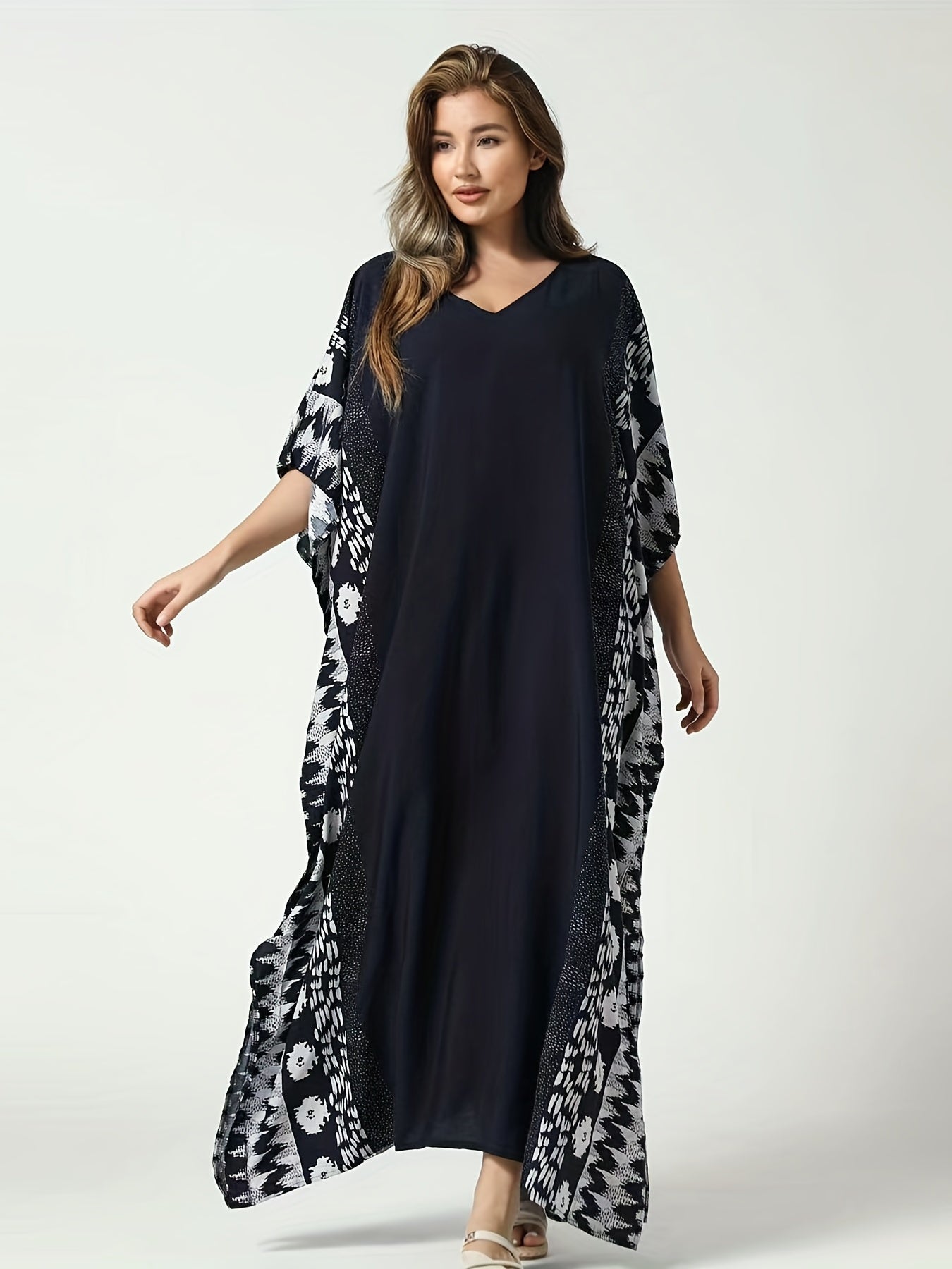 Boho Floral Print Thigh Split Cover Up Swimsuit V Neck Loose Kaftan