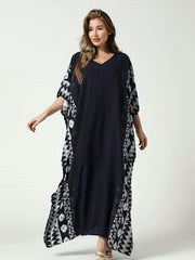Boho Floral Print Thigh Split Cover Up Swimsuit V Neck Loose Kaftan