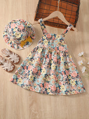 Toddler Girls Flowers Bow Back Cami Dress & Hat Set for Party Beach Vacation