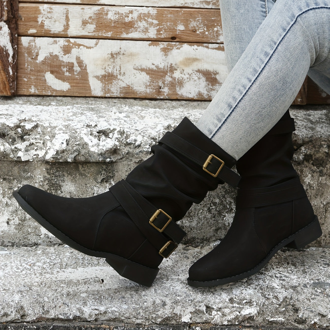Women's Chunky Heel Boots with Buckle Strap, Slip On Comfortable Western Boots