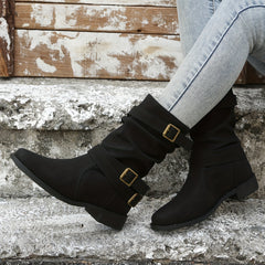 Women's Chunky Heel Boots with Buckle Strap, Slip On Comfortable Western Boots