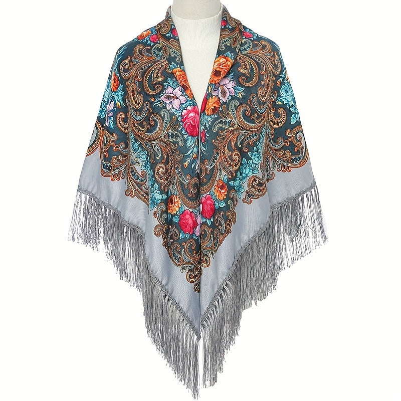 Boho Flower Print Gray Square Scarf with Tassel Shawl