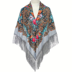 Boho Flower Print Gray Square Scarf with Tassel Shawl