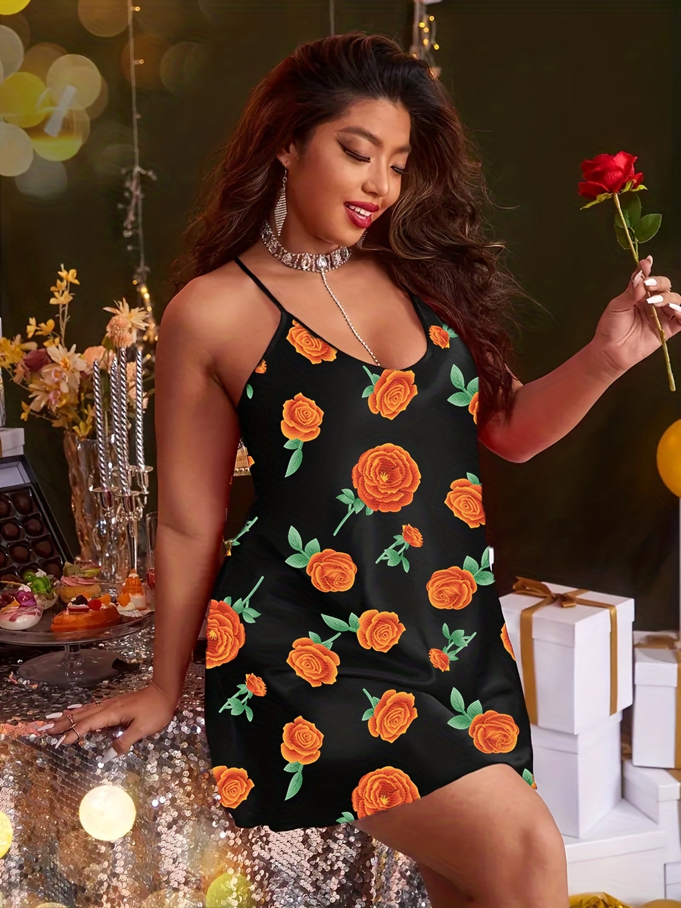 Satin Floral Print V Neck Cami Sleep Dress