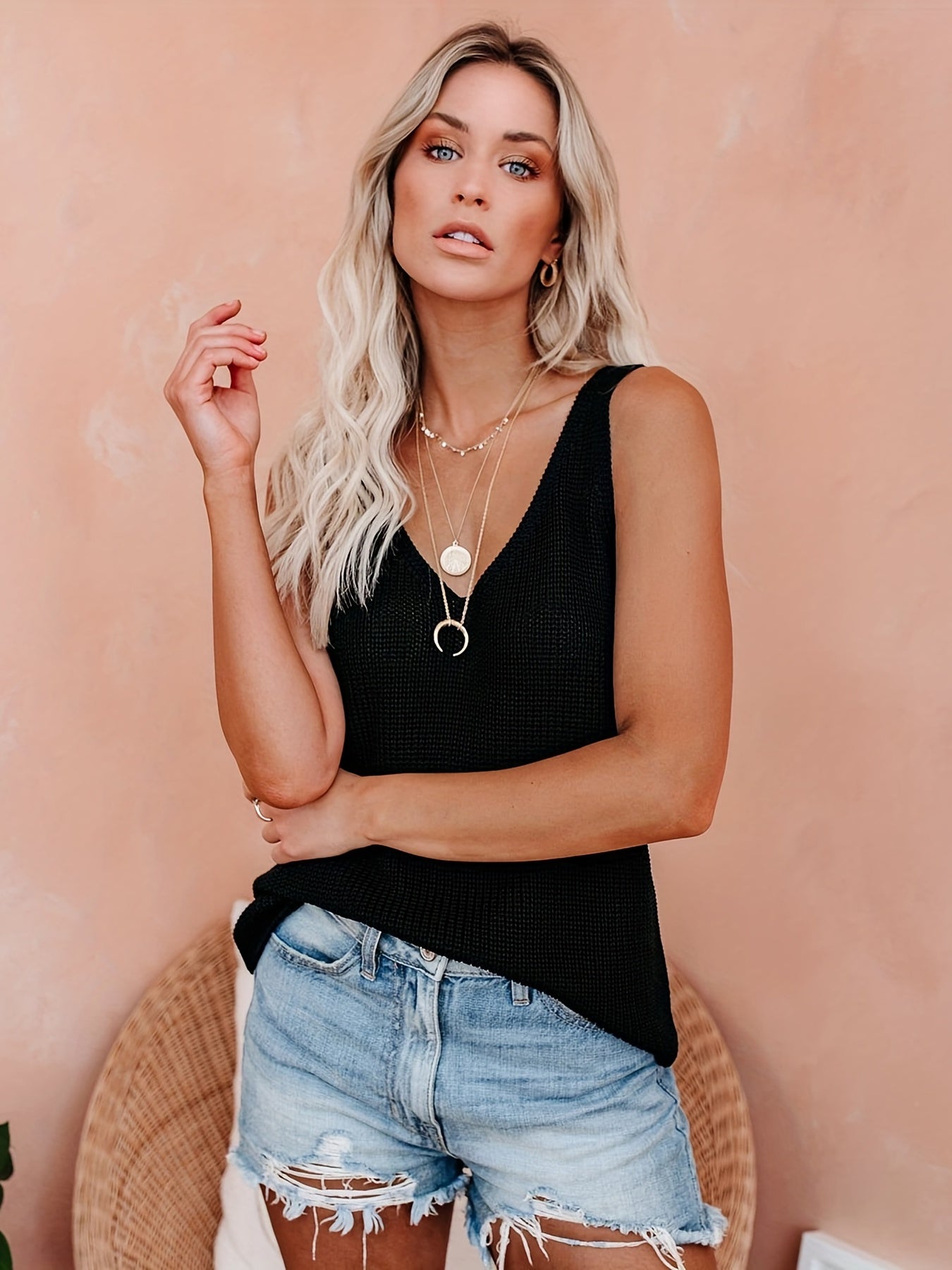 Sleeveless Knit Sweater Sexy V Neck Versatile Sweater