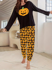 Pumpkin Print Pajama Set Long Sleeve Top & Pants Women's Sleepwear