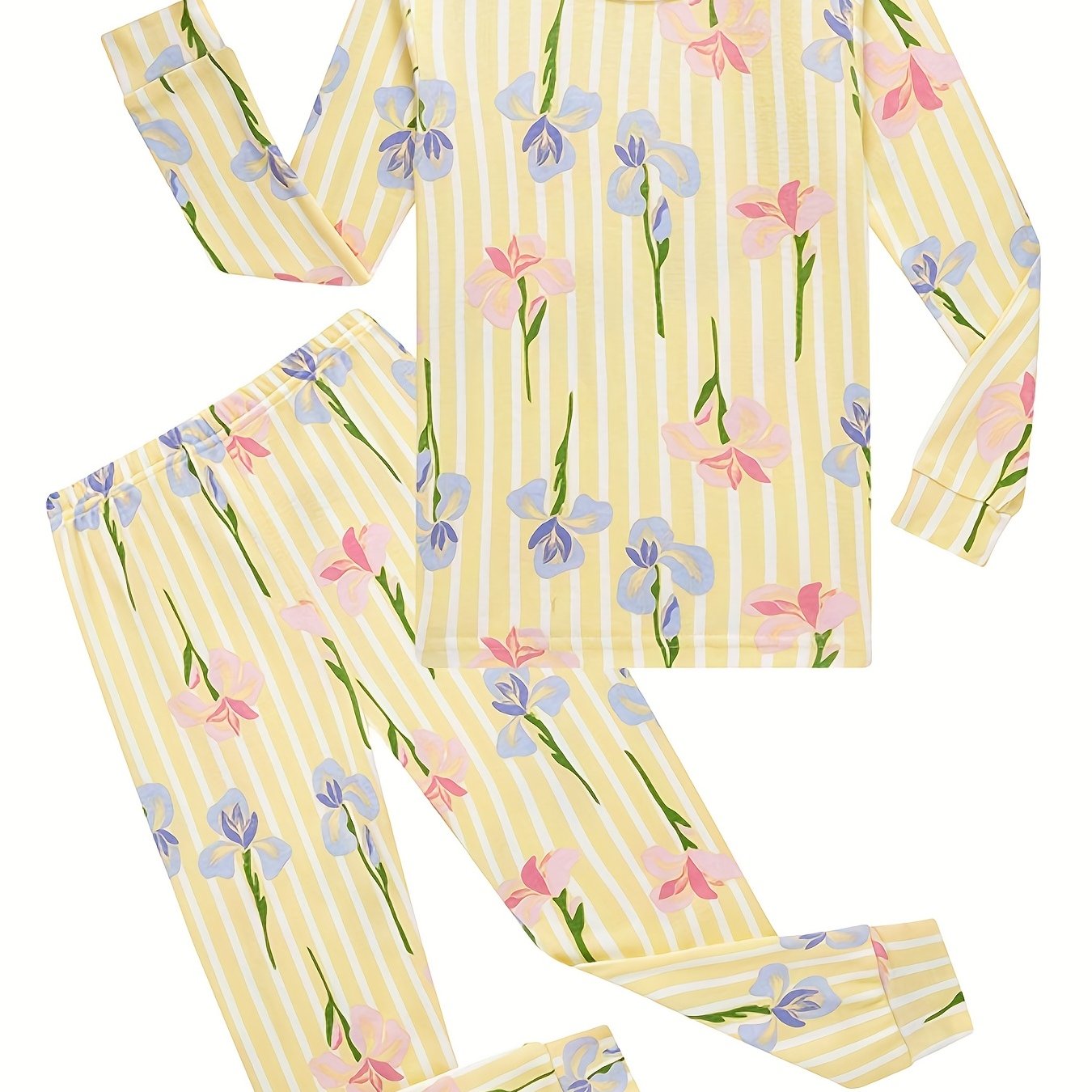 Girl's 2pcs Pajama Set Floral Stripe Print Loungewear 100% Cotton