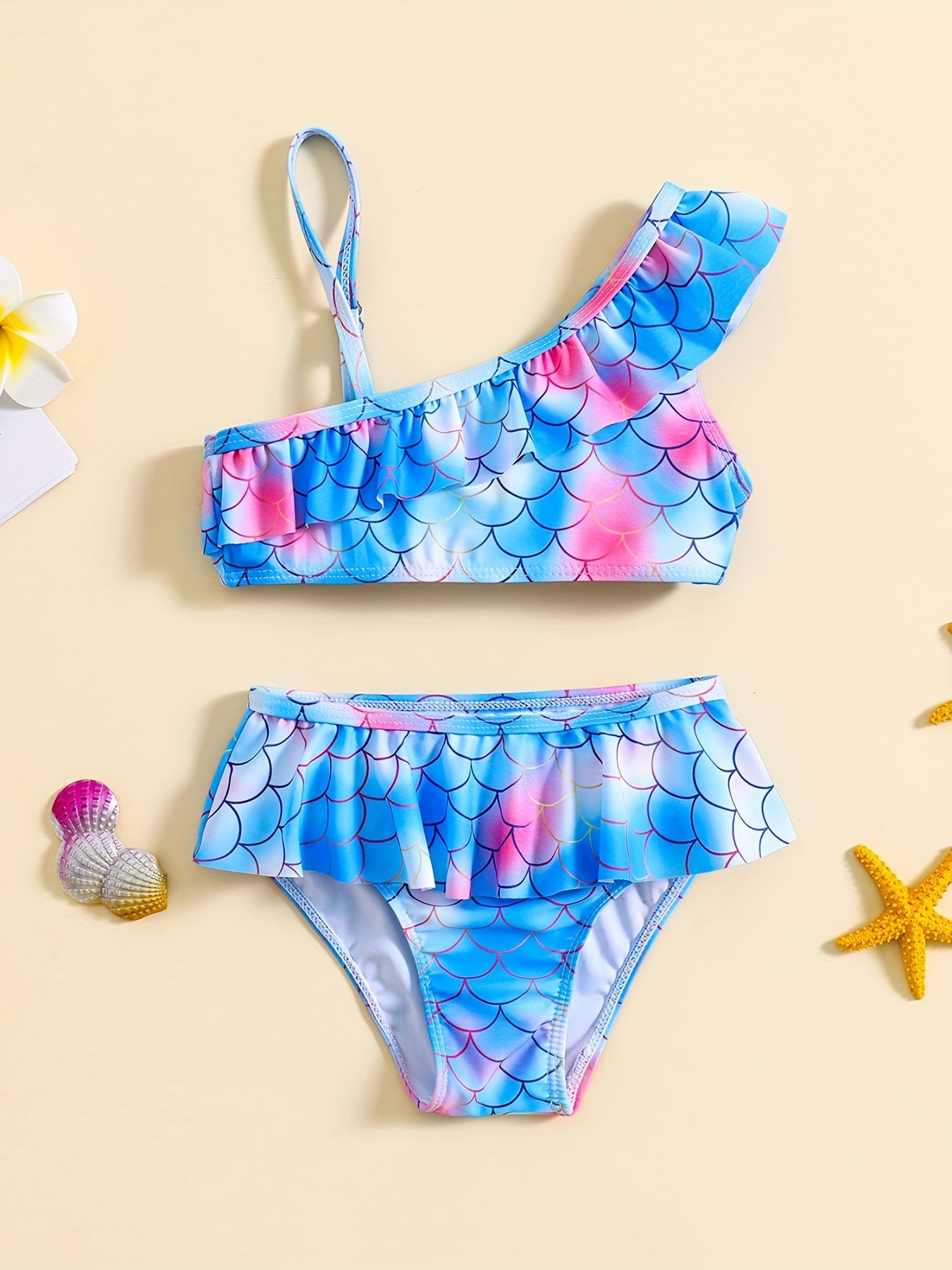 Mermaid One Shoulder Cami Top & Shorts Swimsuit Set for Baby Girls