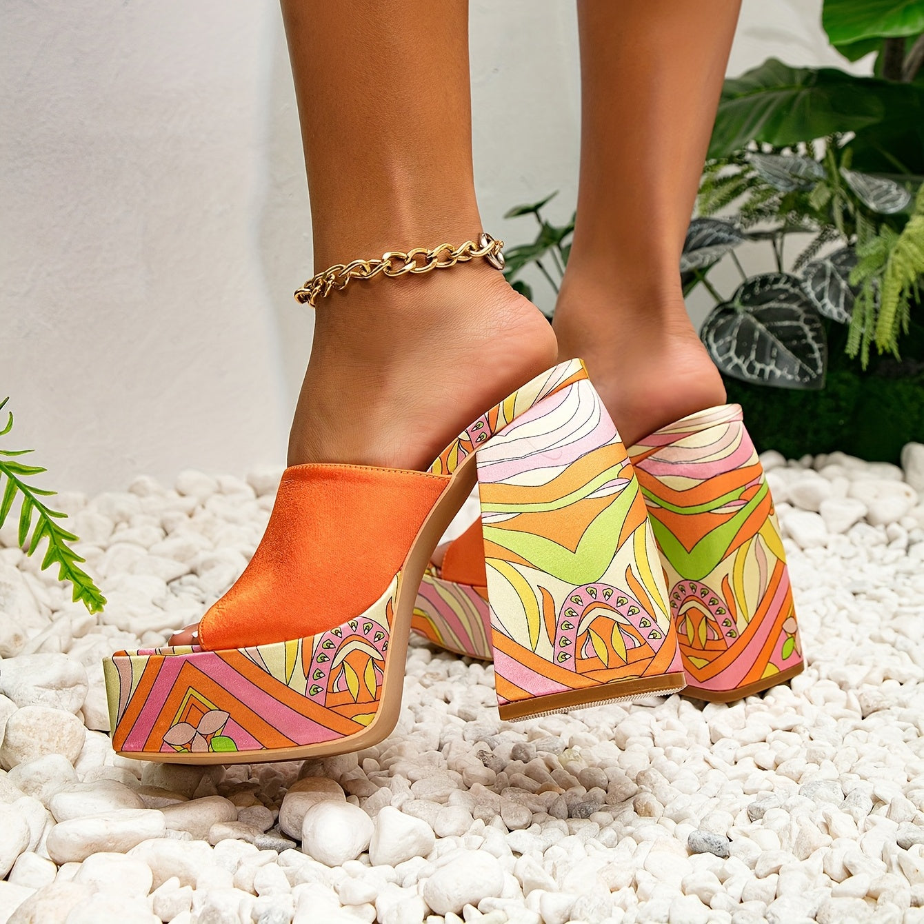 Boho Style Chunky Heel Sandals Cartoon Print Slingback High Heels