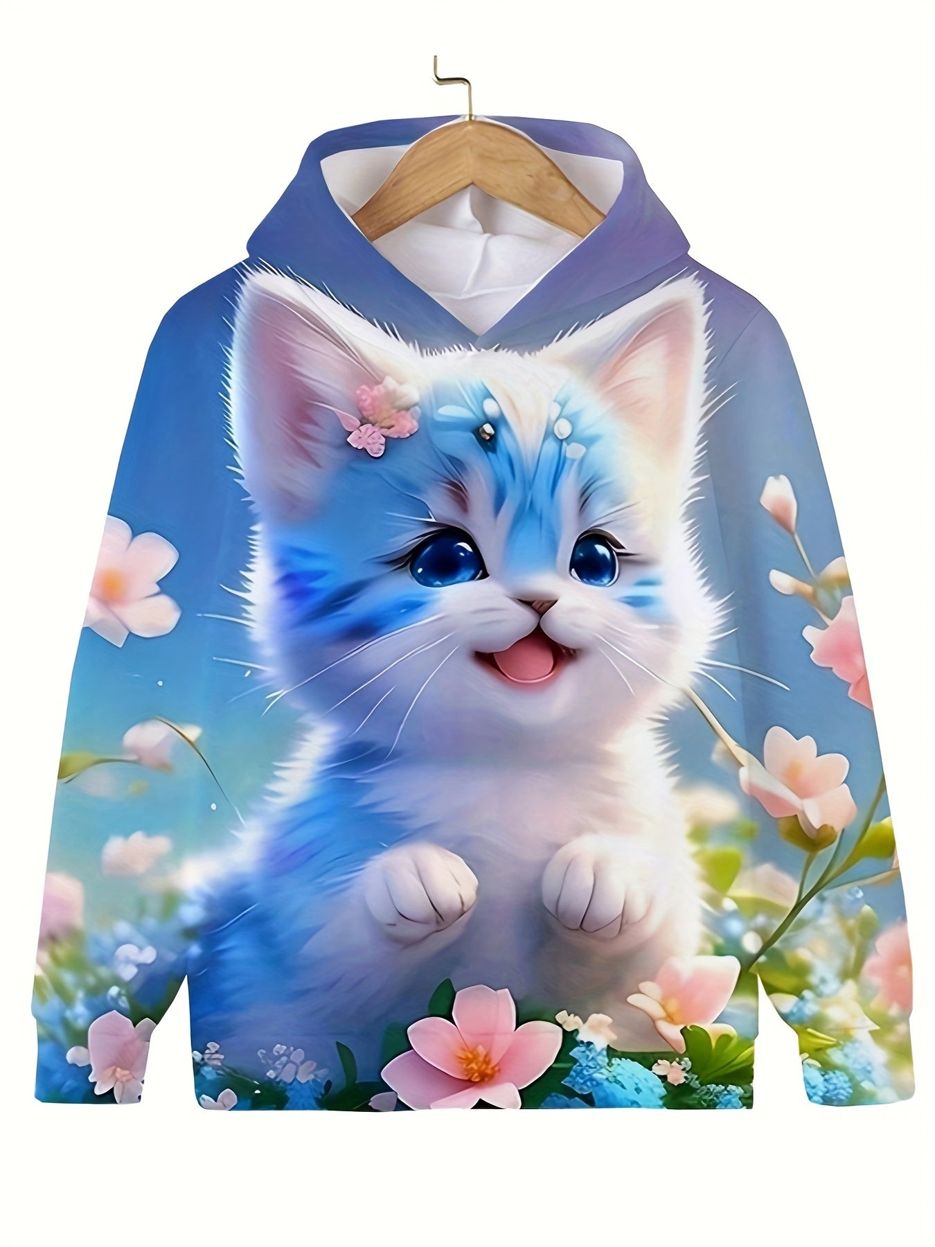 Cheerful Baby Cat Graphic Hoodie Girls Sports