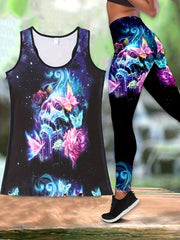 Butterfly Print 2pc Set Crew Neck Tank Top & Leggings Outfit Women's Clothing