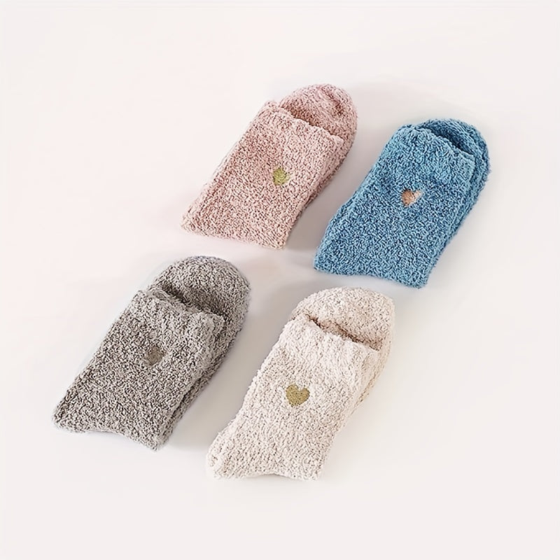 4 Pairs Heart Print Socks Warm Fuzzy Women's Stockings
