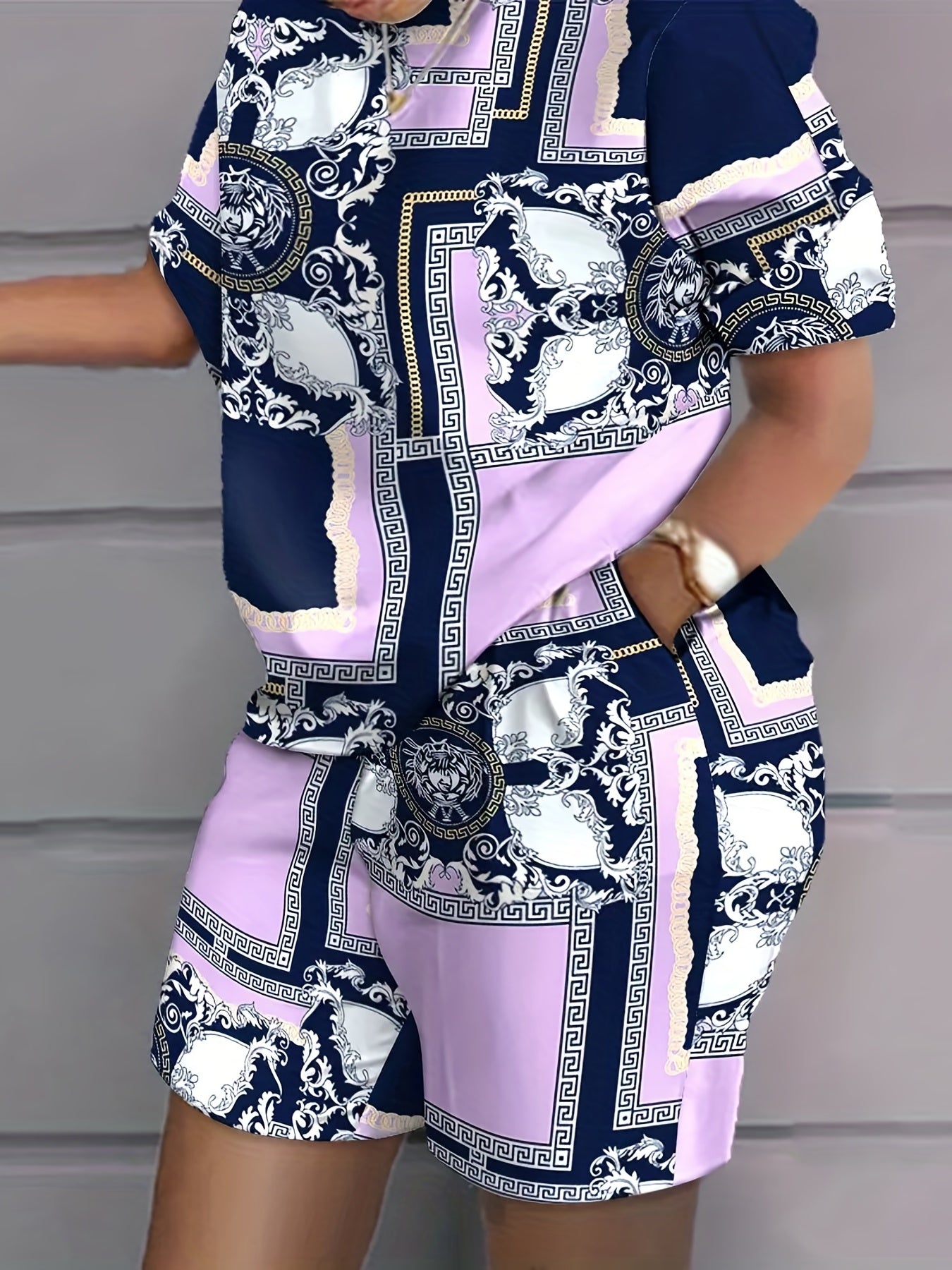 Baroque Print Top & Shorts Set with Pockets