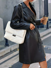 Faux Leather Trench Coat Double Breasted Lapel Neck Long Sleeve Coat