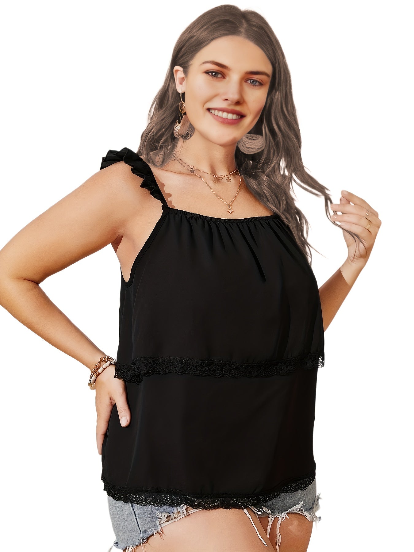 Ruffle Trim Lace Smock Tank Top