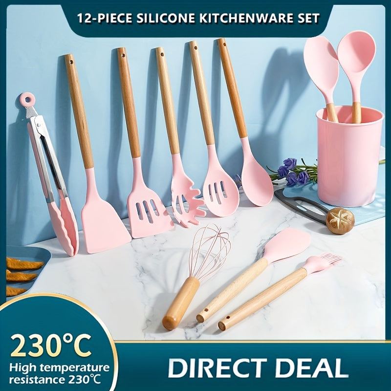 12pcs Silicone Utensil Set Non Stick Kitchen Cooking Turner Colander Spoon Whisk
