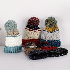 Striped Plaid Knitted Hat Plus Velvet Thickened Warm Wool Hat